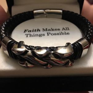 Stainless Steel and Black Braided Leather Bracelet